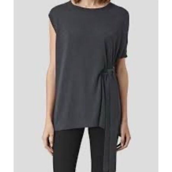 AllSaints Shera Knit Belted Side Tie Short Sleeve Dark Gray Women's Top Small - Picture 1 of 11
